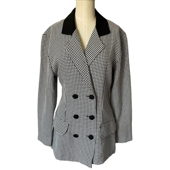 Vintage 80s 90s Black White Houndstooth Sheer Cut Out Back Blazer Chic Jacket - Picture 2 of 6